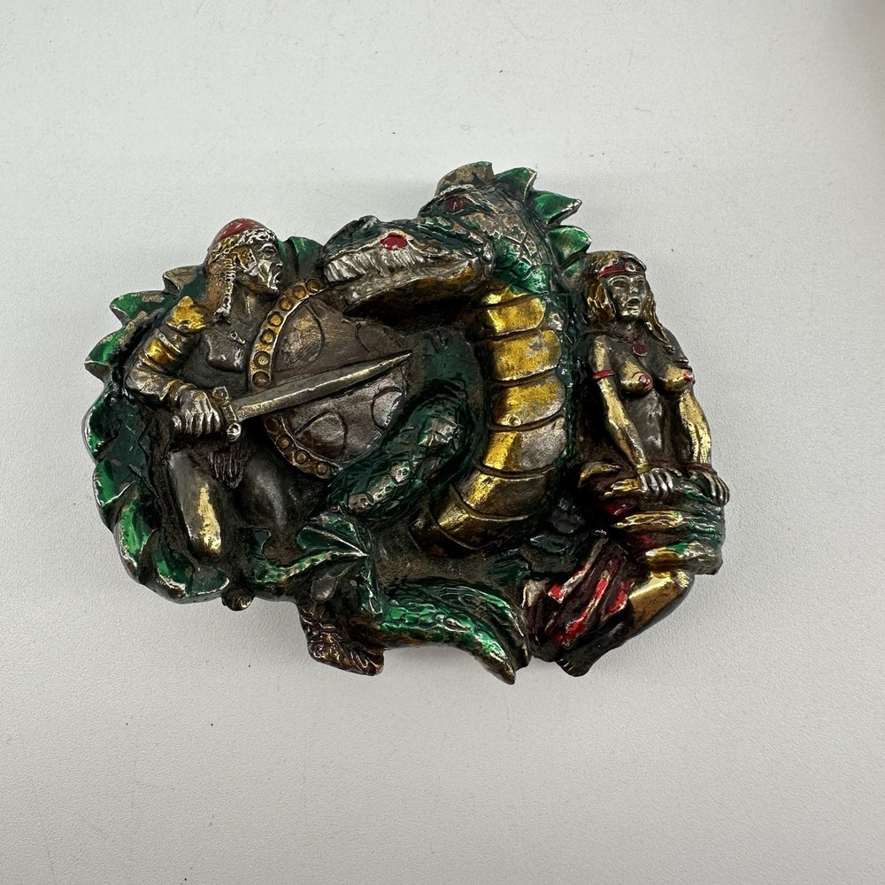 Vintage Belt Buckle Dragon Slayer Knight Nude‎ Woman 1984 Serial #H1421 GABC USA